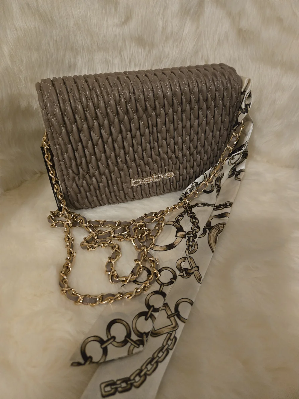 BEBE Woven Chain-Accent Shoulder Bag in Taupe